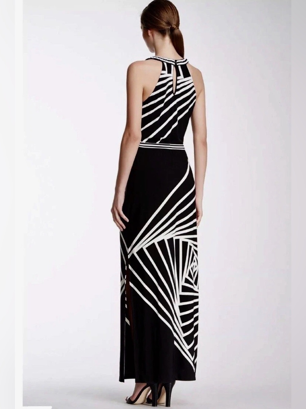 BCBGMaxAzria Black and White Geometric Halter Maxi Dress